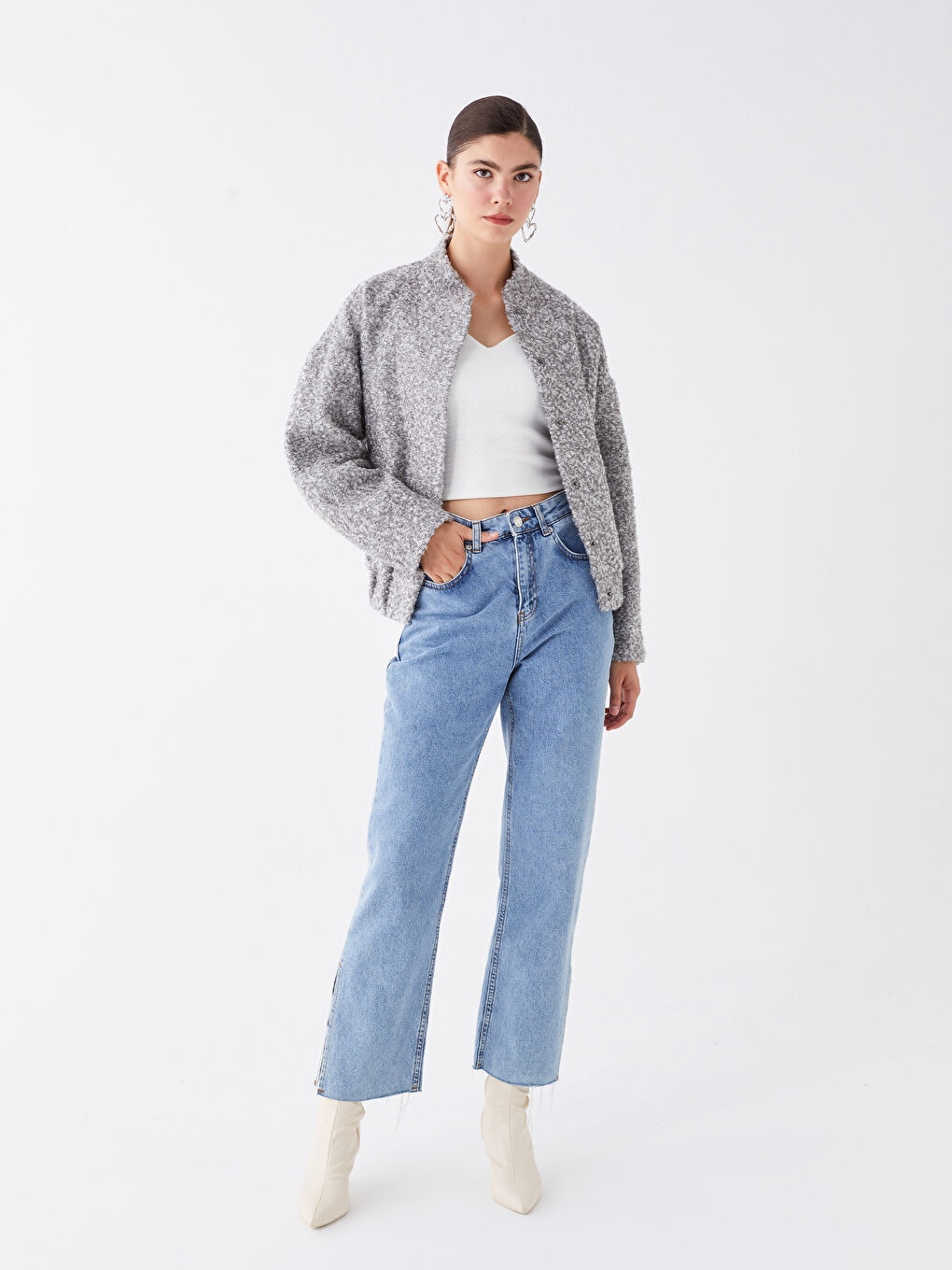 Gri Dik Yaka Düz Uzun Kollu Kadın Tüvit Ceket-4