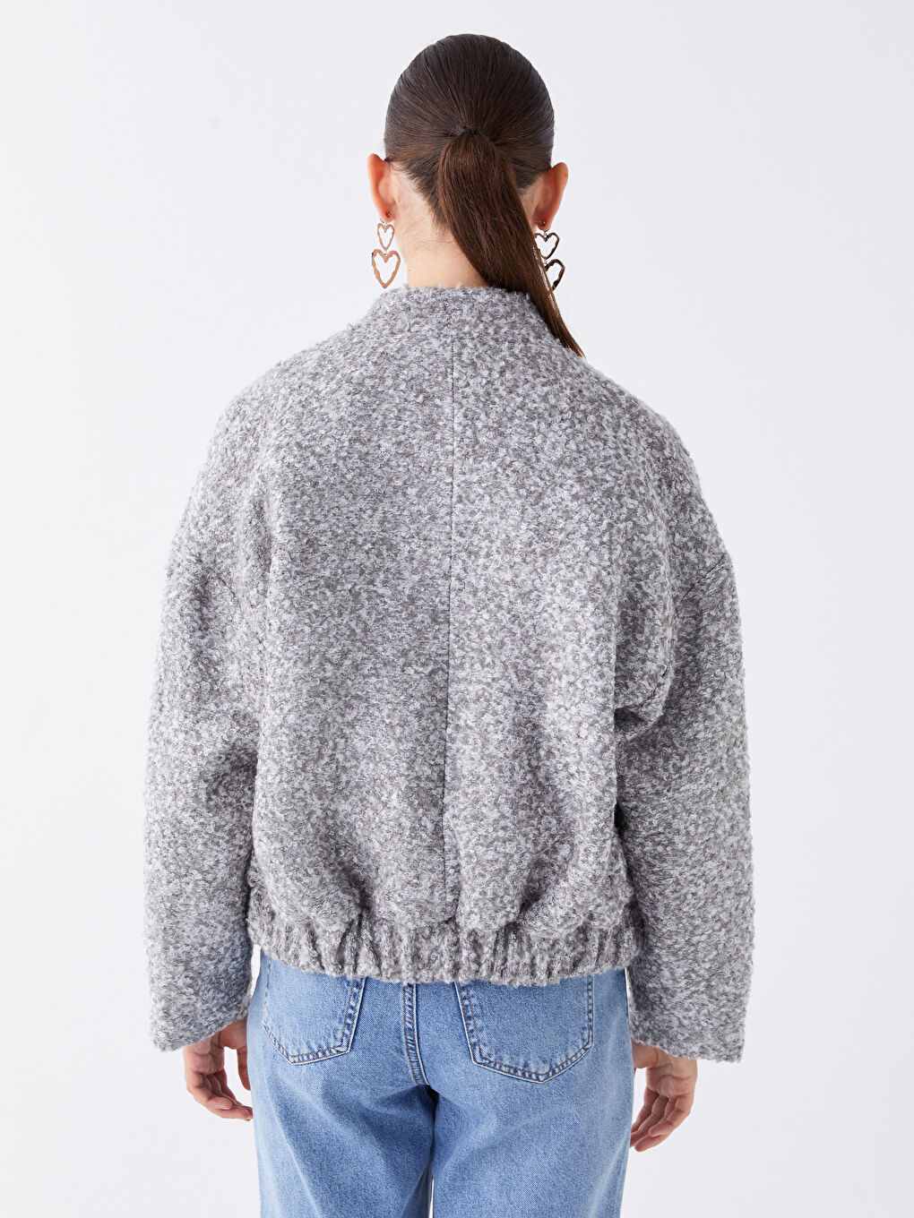 Gri Dik Yaka Düz Uzun Kollu Kadın Tüvit Ceket-7