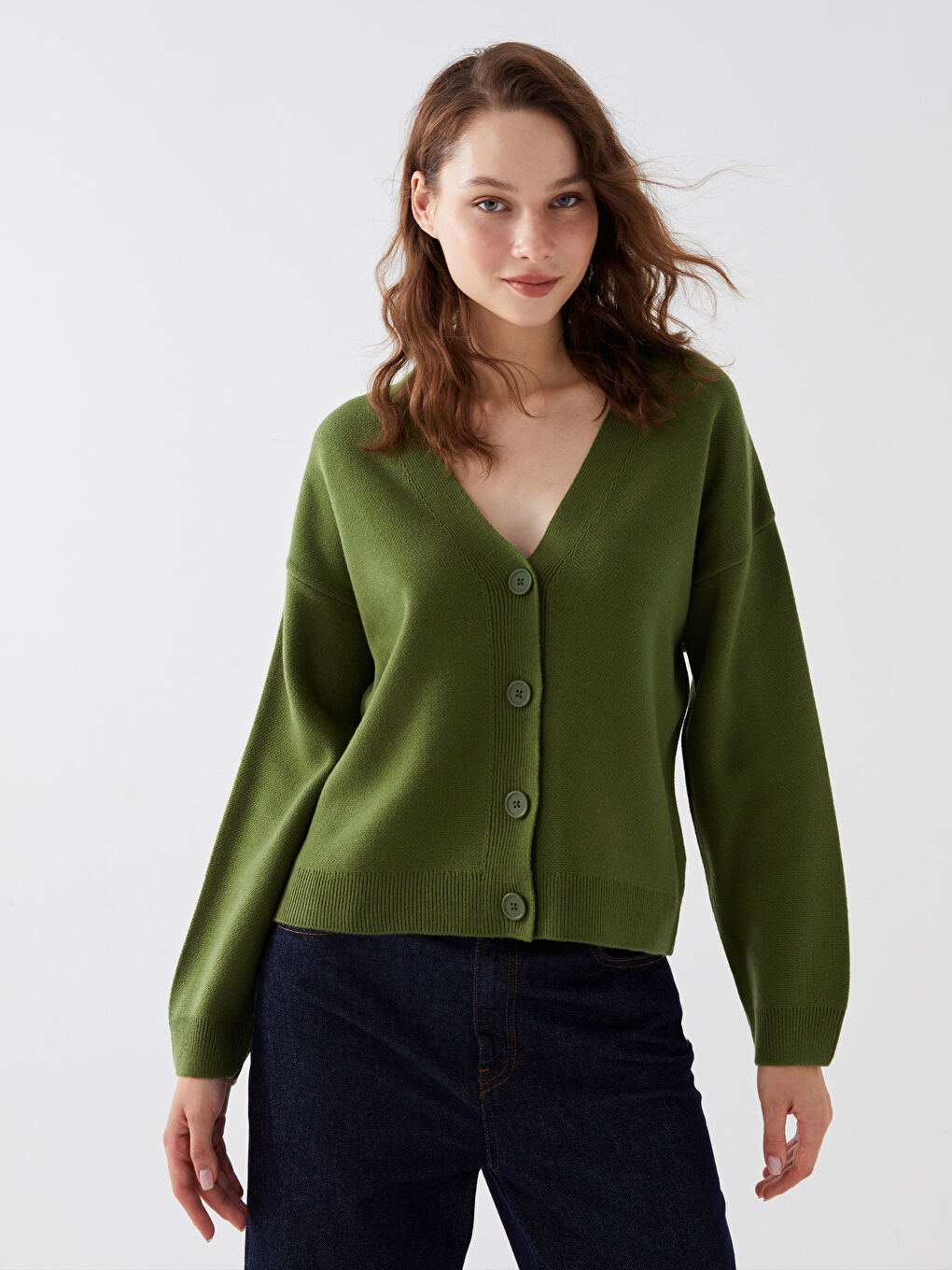 Yeşil V Yaka Kadın Triko Hırka-1