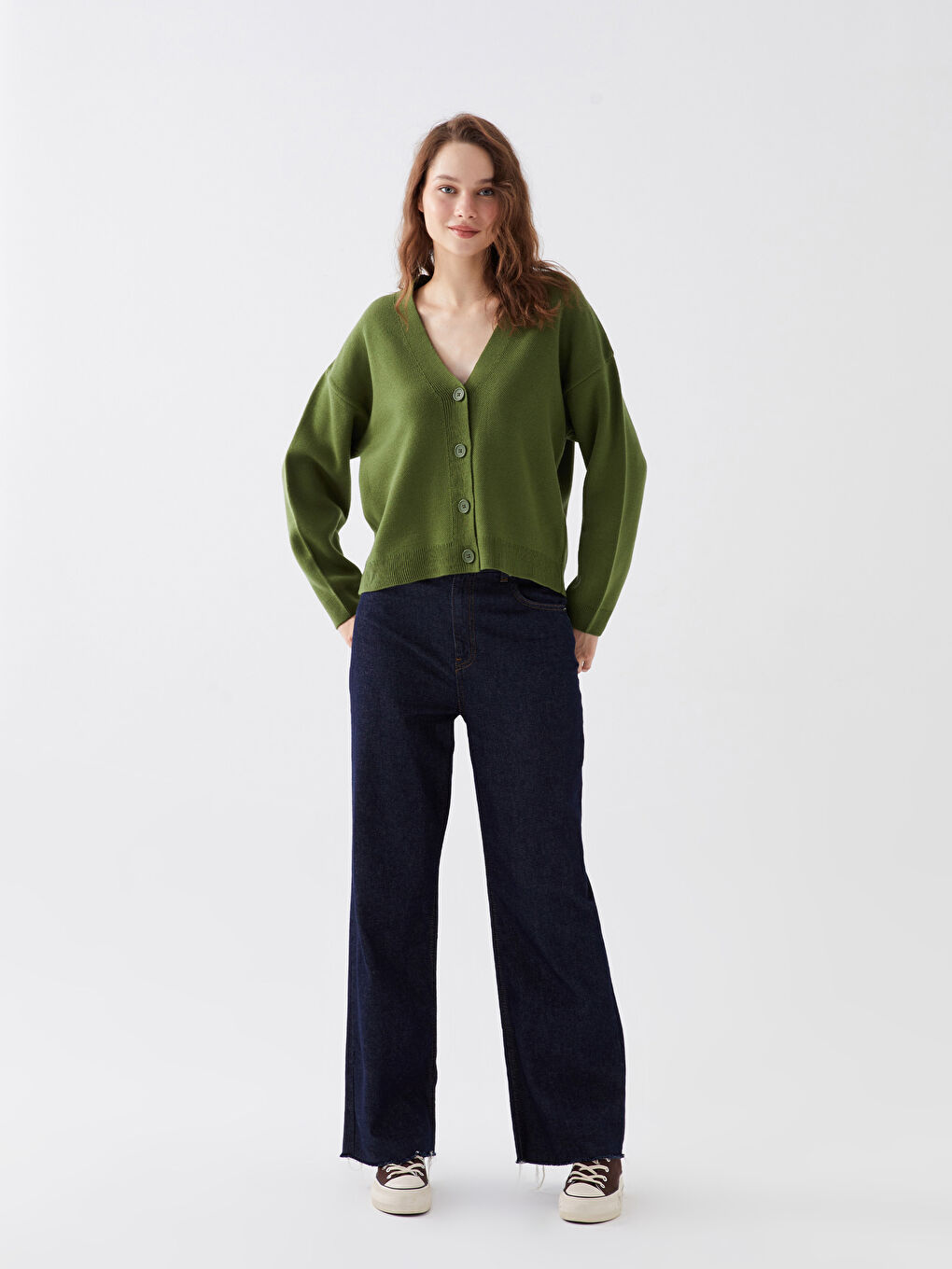 Yeşil V Yaka Kadın Triko Hırka-2