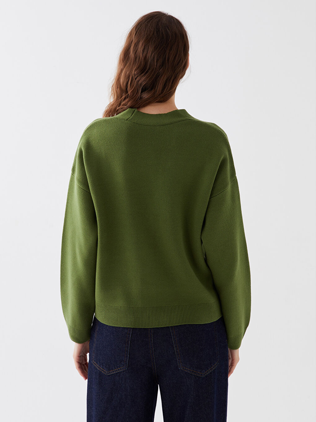 Yeşil V Yaka Kadın Triko Hırka-4