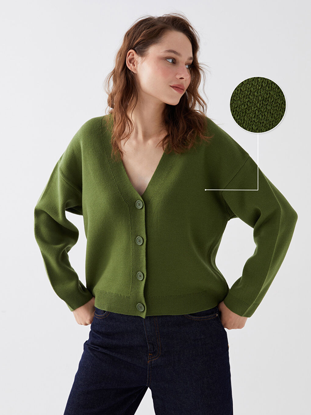 Yeşil V Yaka Kadın Triko Hırka