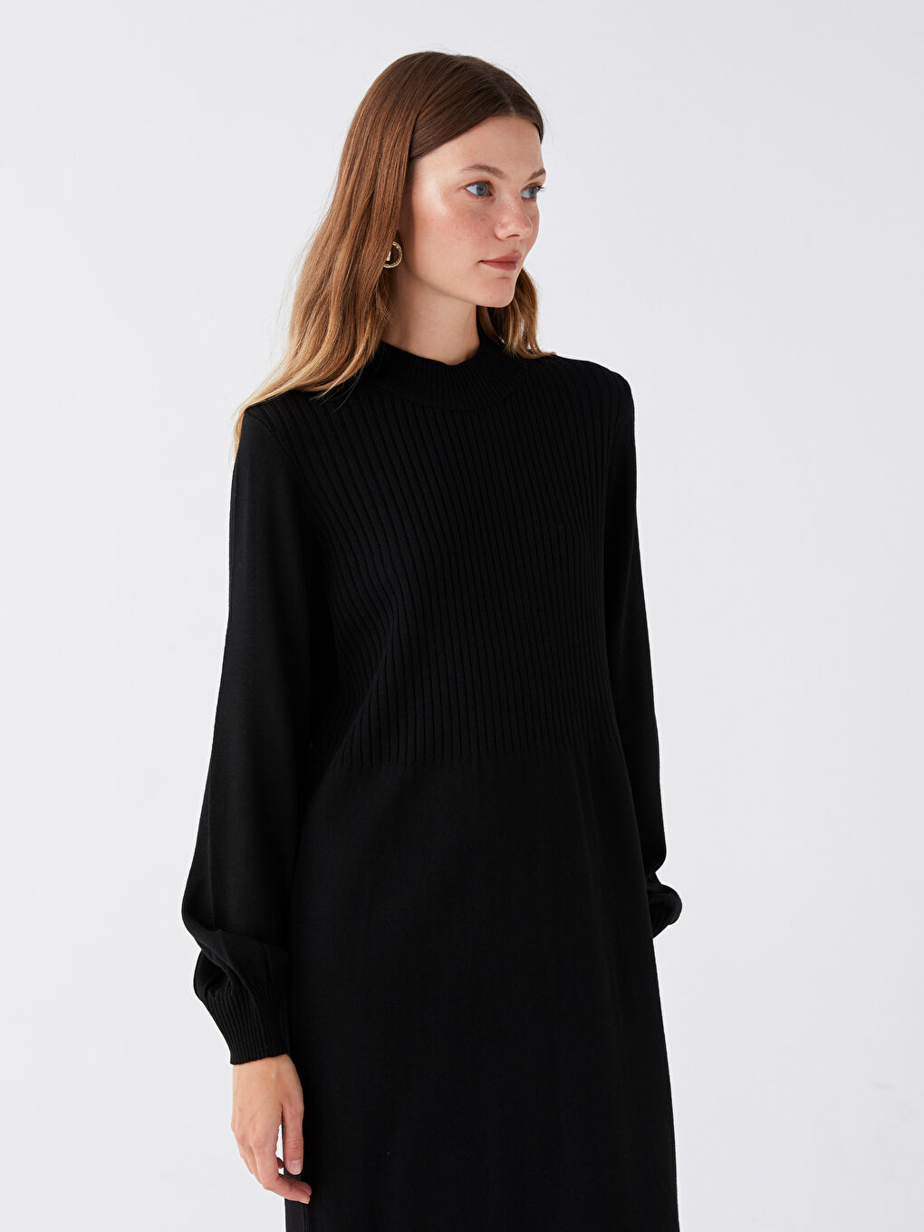 Siyah Yarım Balıkçı Yaka Kadın Triko Elbise-1