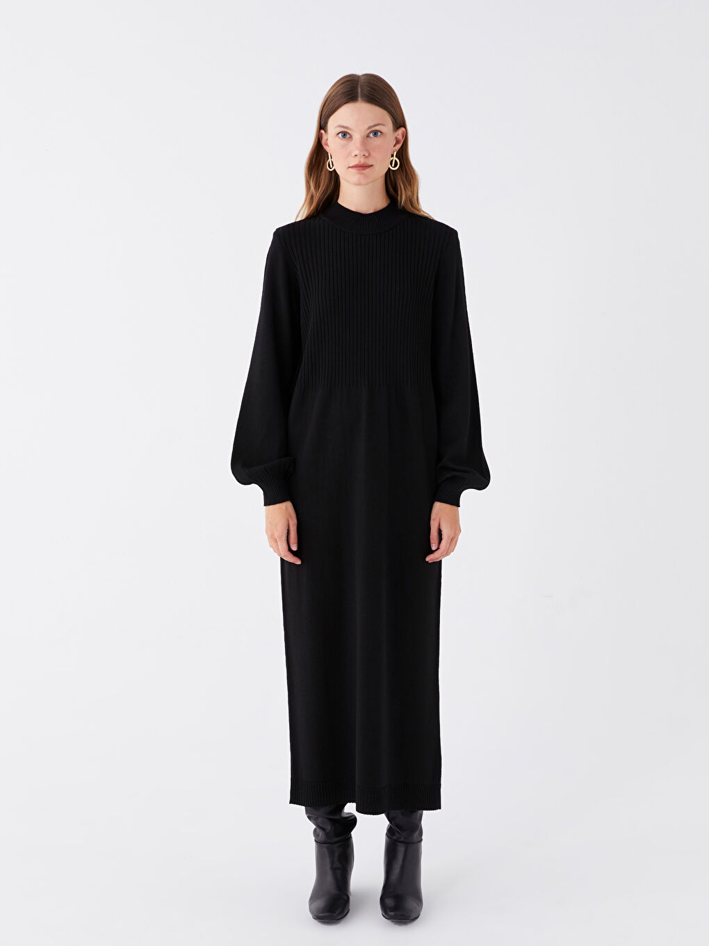 Siyah Yarım Balıkçı Yaka Kadın Triko Elbise-2