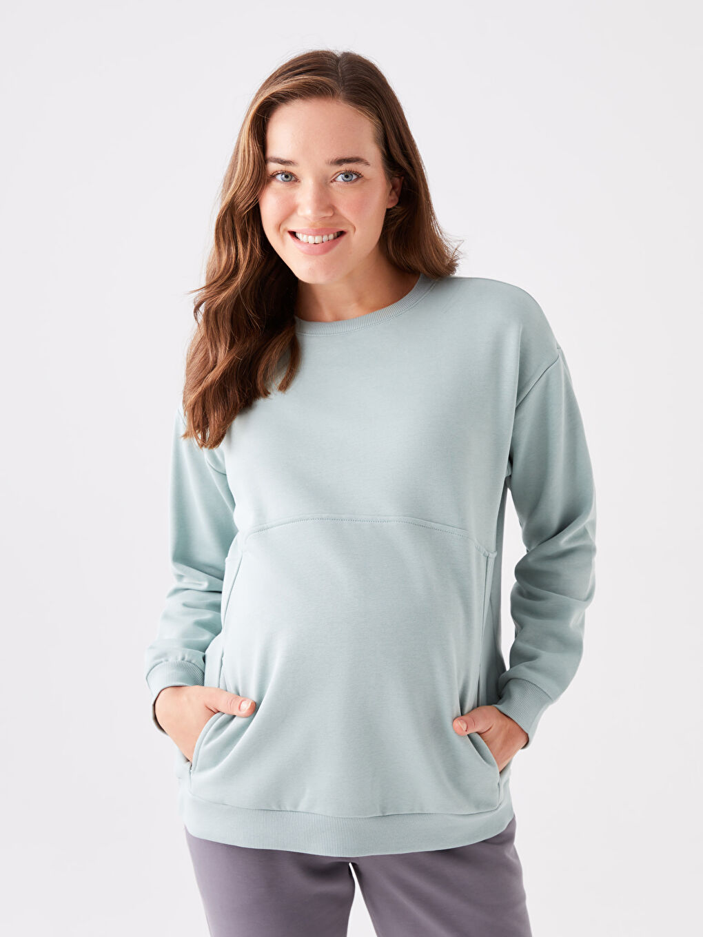 LCWAIKIKI Maternity Mat Yeşil Bisiklet Yaka Düz Hamile Sweatshirt