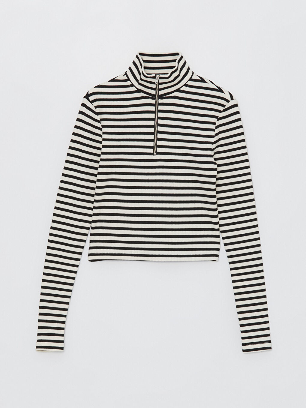 Ekru Dik Yaka Çizgili Uzun Kollu Kadın Crop-5