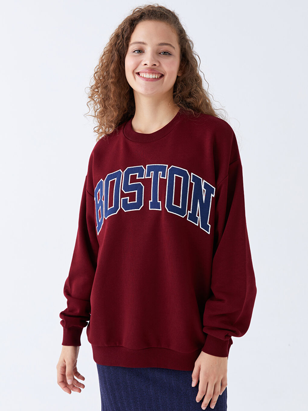 XSIDE Bordo Bisiklet Yaka Baskılı Oversize Kadın Kalın Sweatshirt