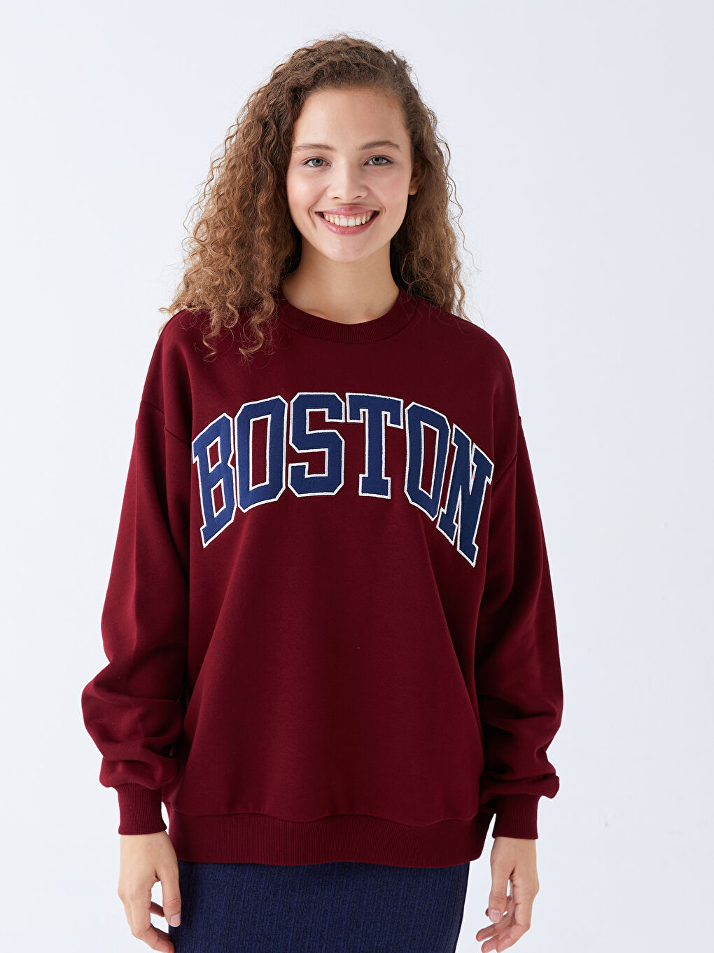 XSIDE Bordo Bisiklet Yaka Baskılı Oversize Kadın Kalın Sweatshirt - 1