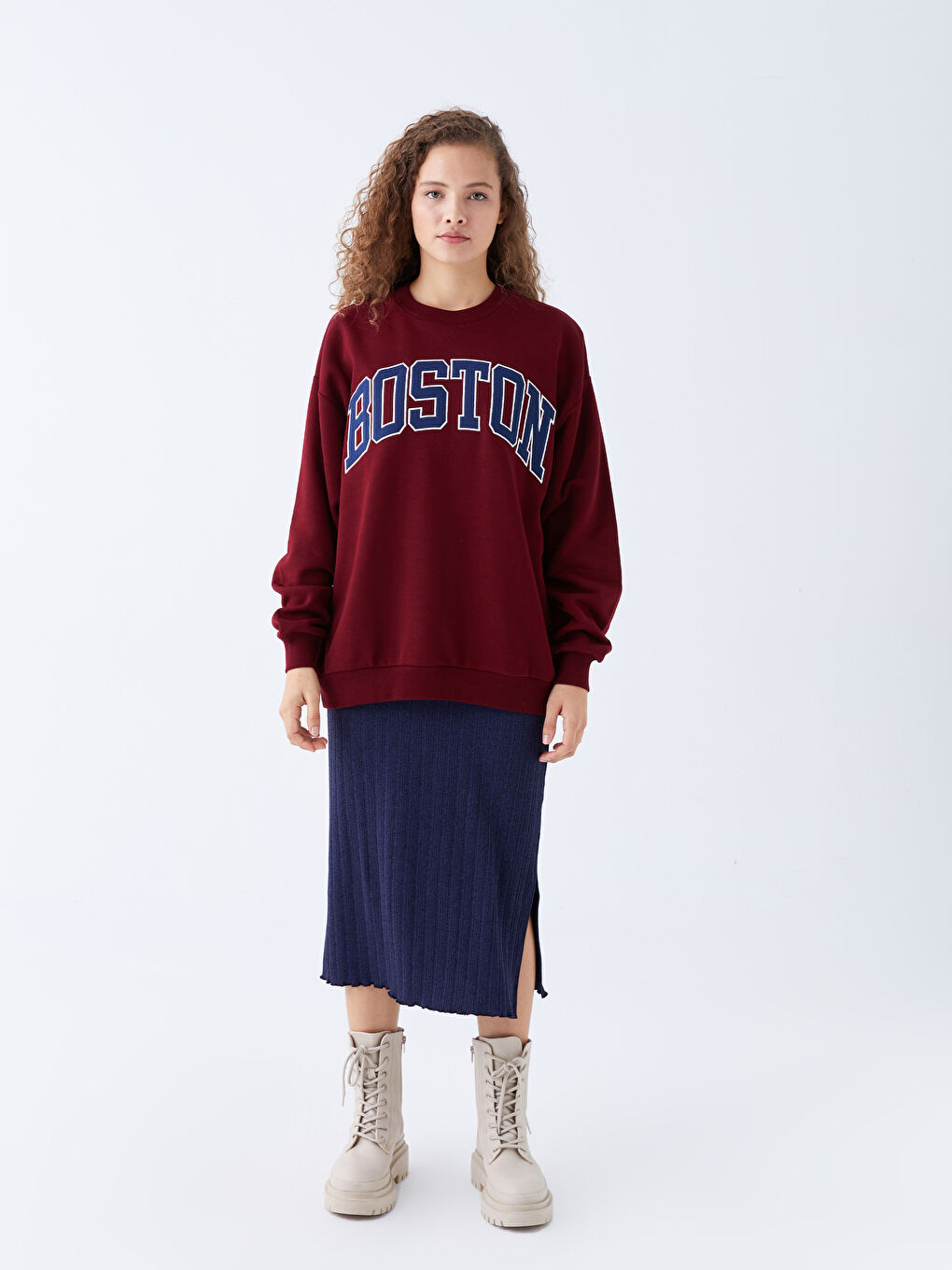 XSIDE Bordo Bisiklet Yaka Baskılı Oversize Kadın Kalın Sweatshirt - 2