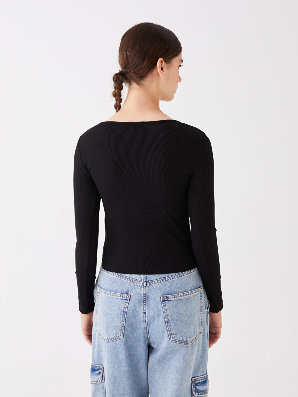 Siyah Bisiklet Yaka Düz Uzun Kollu Kadın Bluz-4