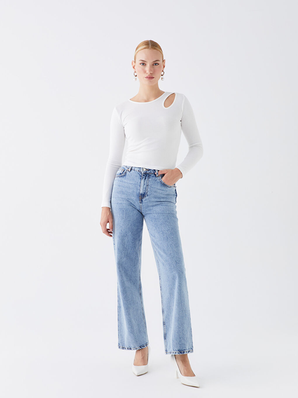 Ekru Bisiklet Yaka Düz Uzun Kollu Kadın Bluz-1