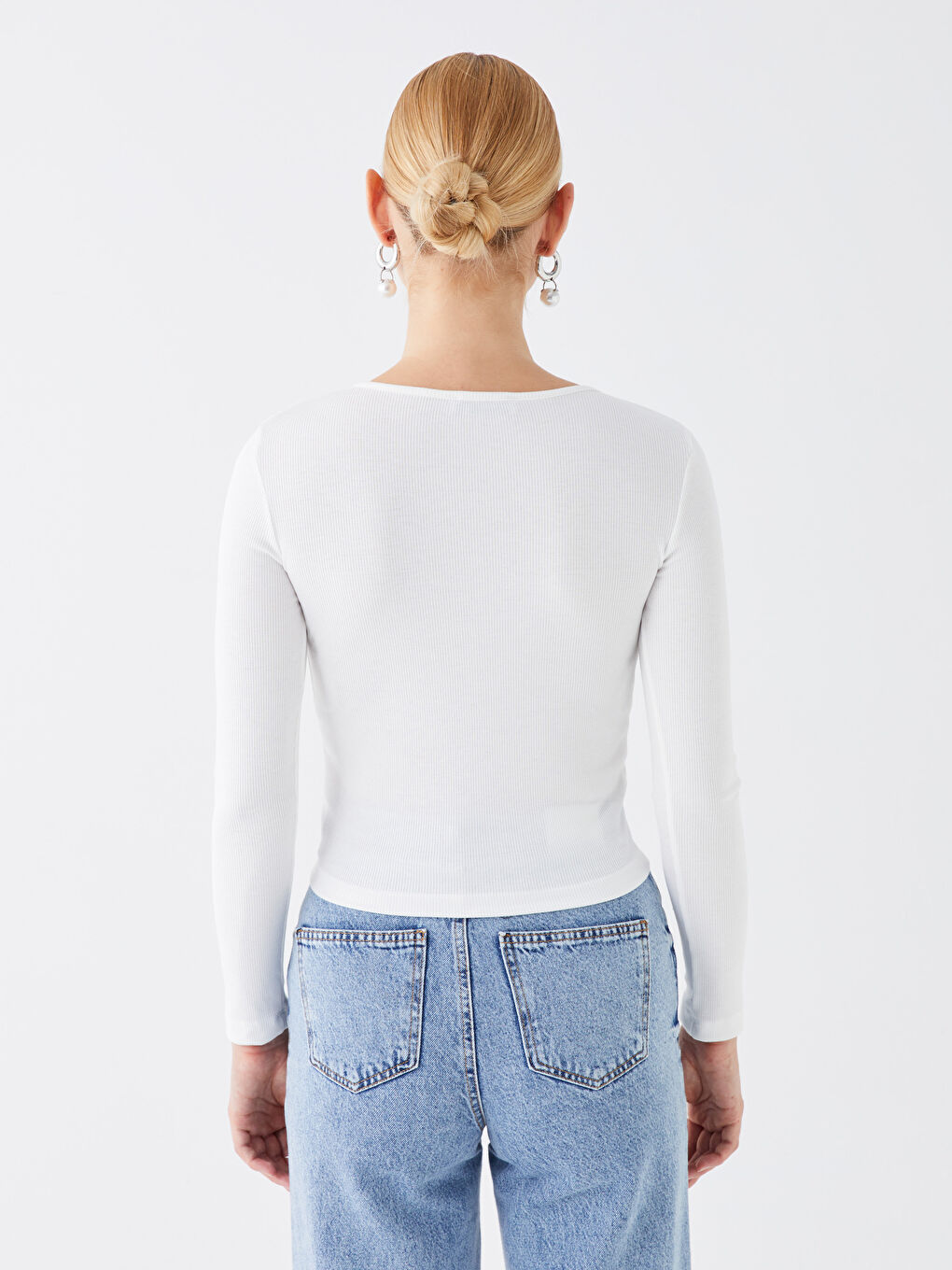 Ekru Bisiklet Yaka Düz Uzun Kollu Kadın Bluz-4