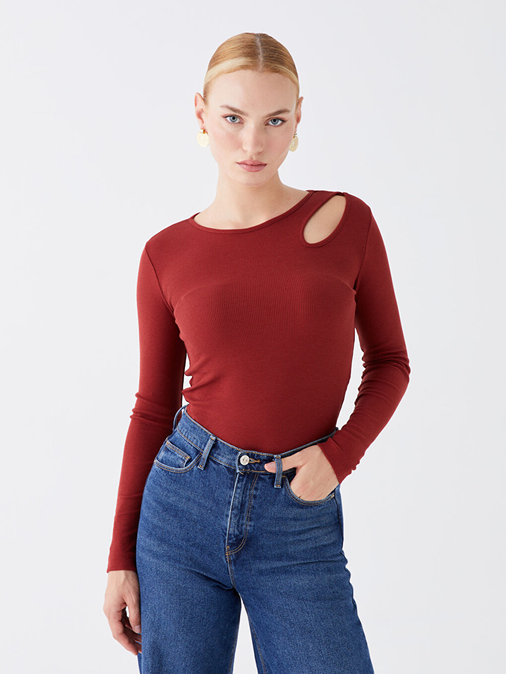 Bordo Bisiklet Yaka Düz Uzun Kollu Kadın Bluz
