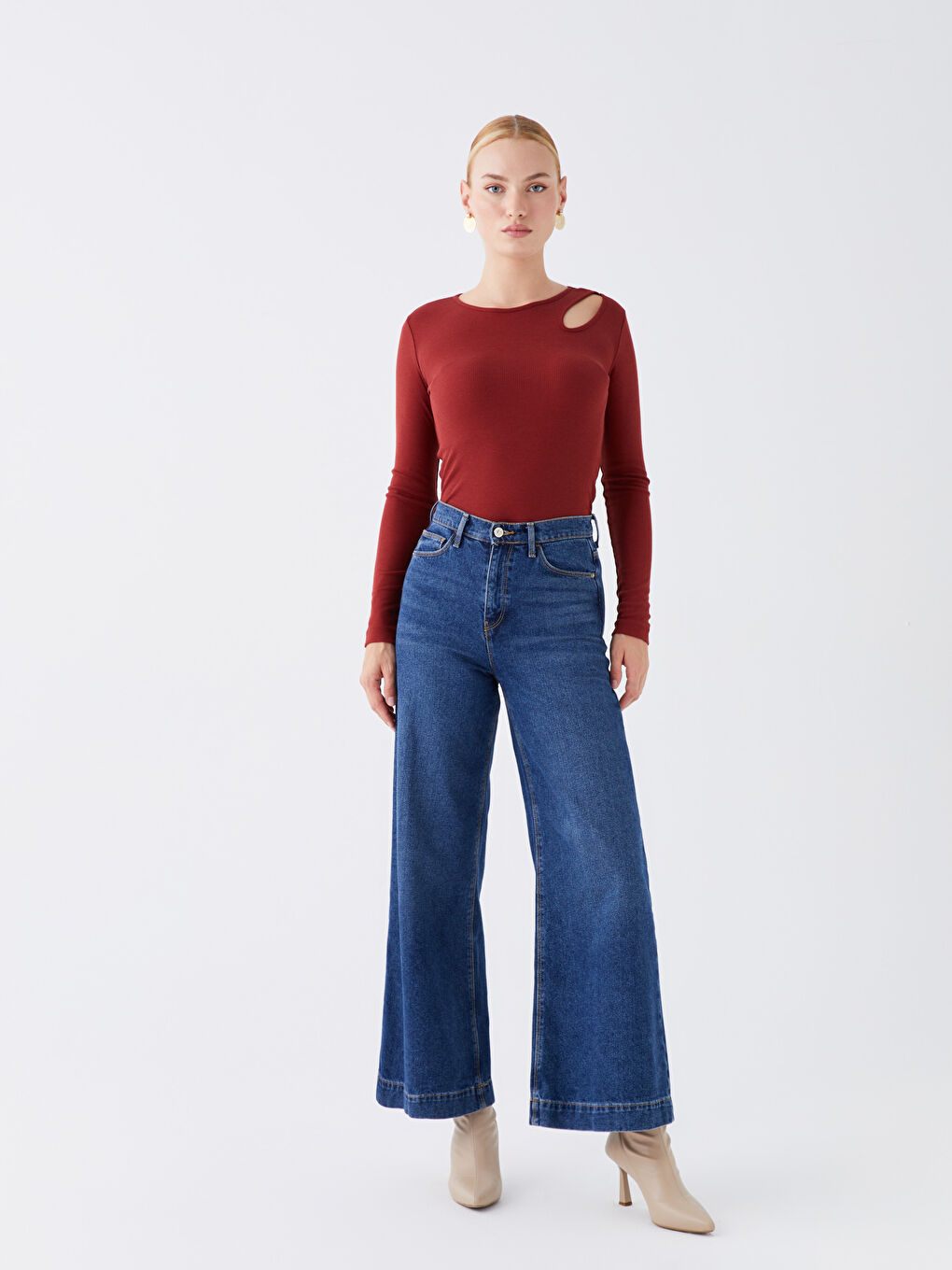 Bordo Bisiklet Yaka Düz Uzun Kollu Kadın Bluz-1