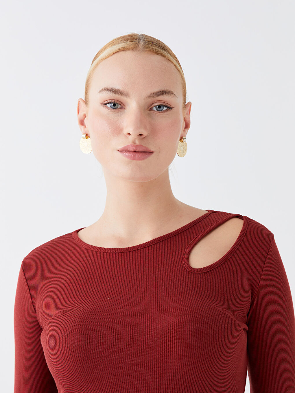 Bordo Bisiklet Yaka Düz Uzun Kollu Kadın Bluz-2