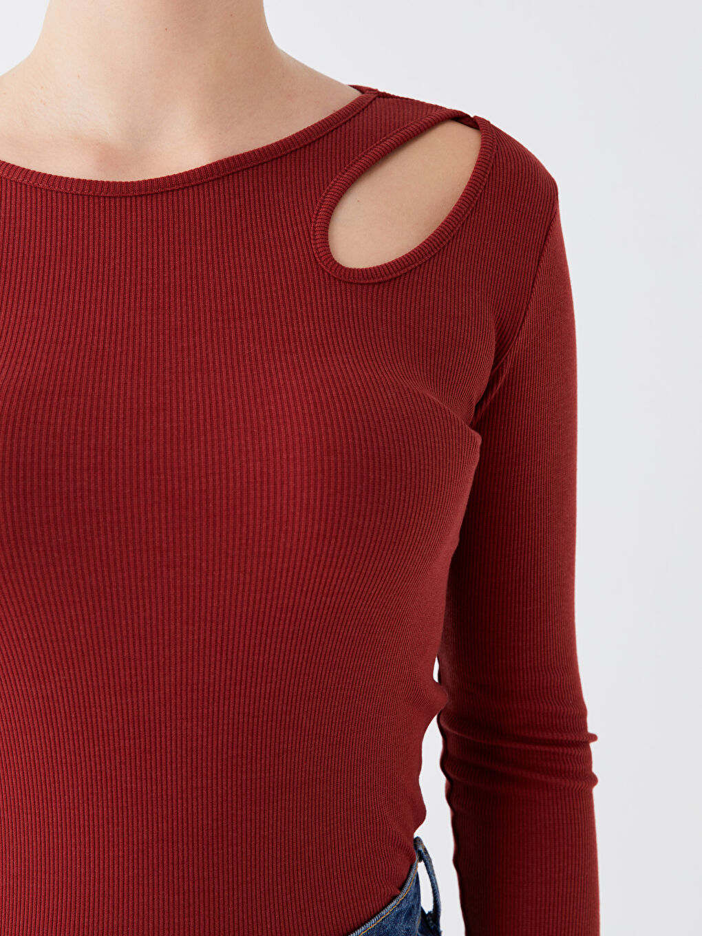 Bordo Bisiklet Yaka Düz Uzun Kollu Kadın Bluz-3