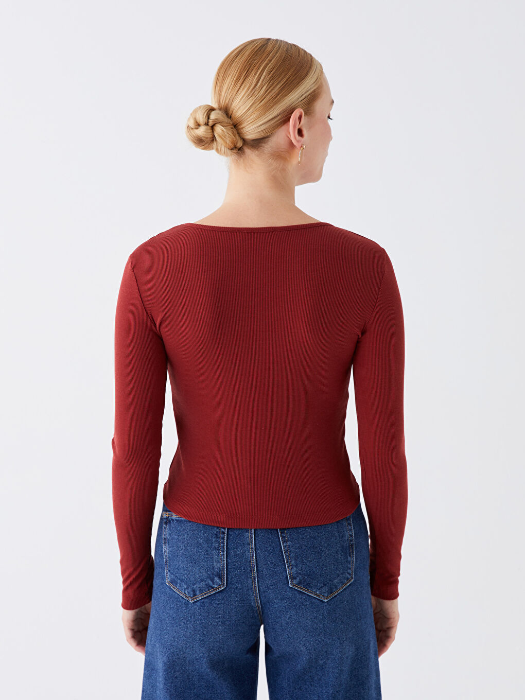 Bordo Bisiklet Yaka Düz Uzun Kollu Kadın Bluz-4