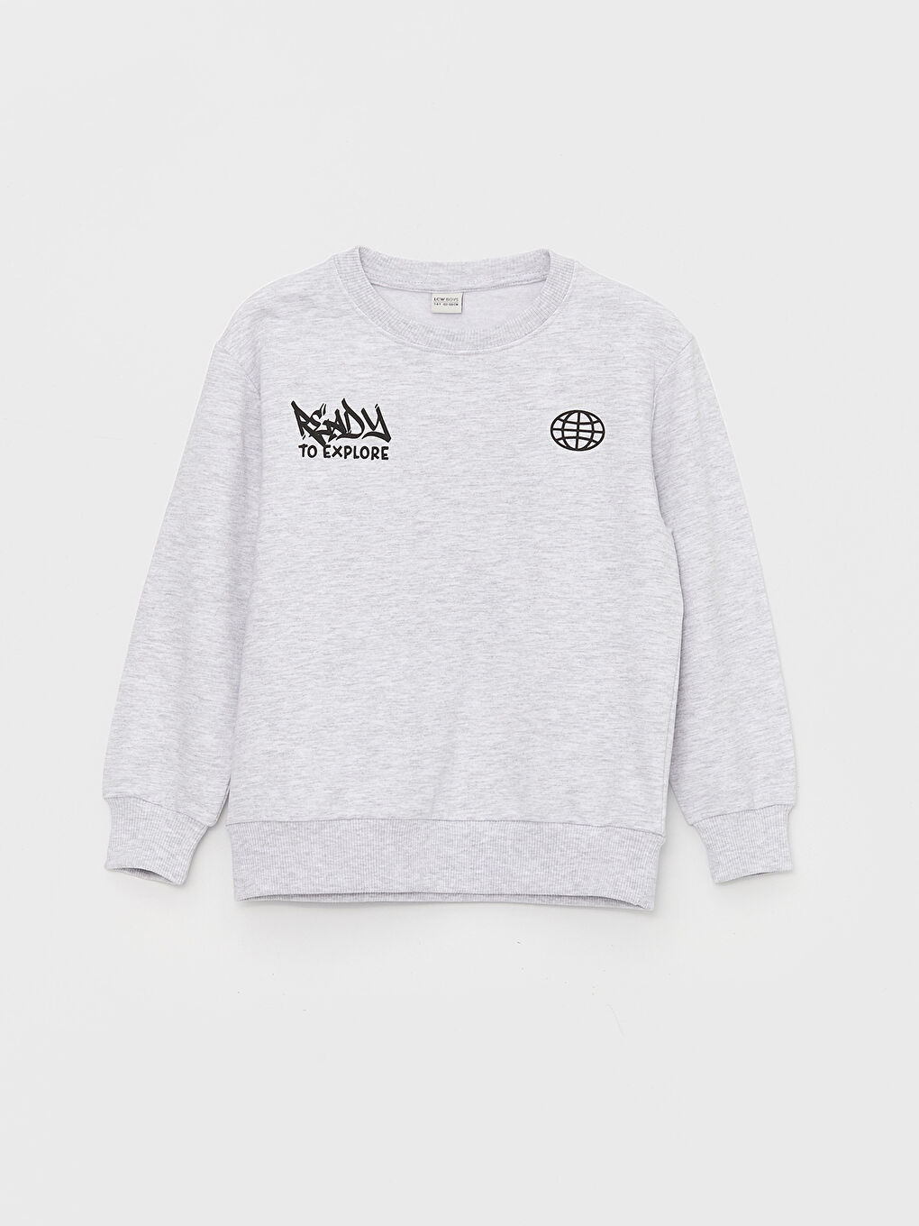 LCW Kids Açık Gri Melanj Bisiklet Yaka Baskılı Uzun Kollu Erkek Çocuk Sweatshirt