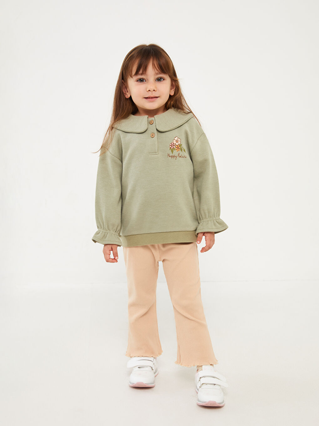 LCW baby Mat Yeşil Bebe Yaka Nakış Detaylı Kız Bebek Sweatshirt - 2