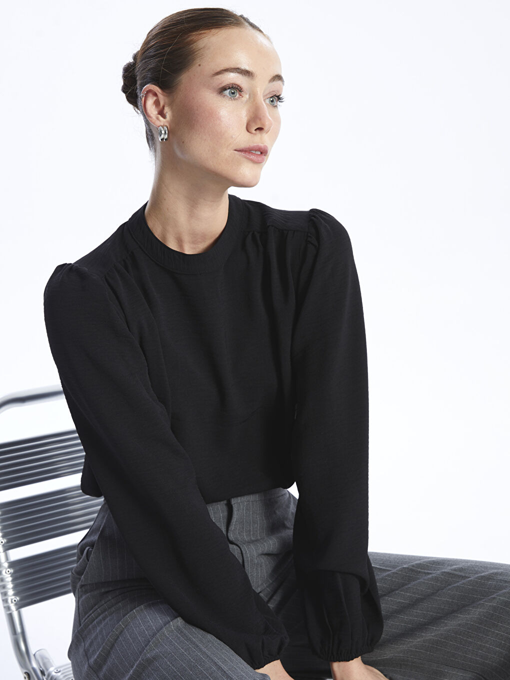 Crew Neck Plain Long Sleeve Women's Blouse