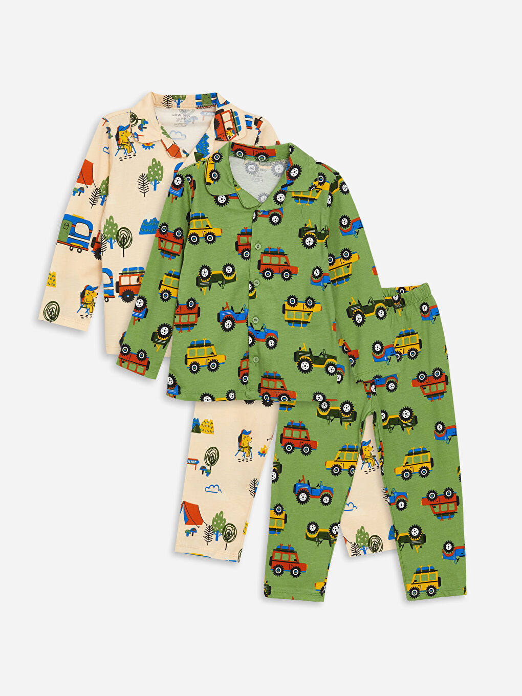 Bej Polo Yaka Uzun Kollu Erkek Bebek Pijama Takım 2'li