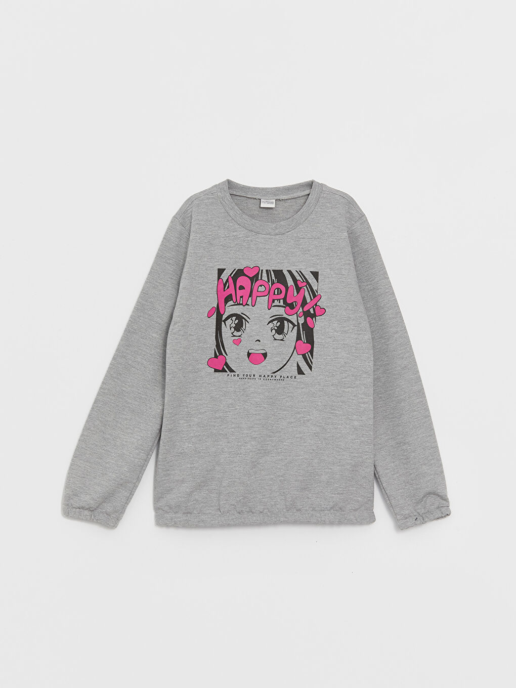 LCW Kids Gri Melanj Bisiklet Yaka Baskılı Uzun Kollu Kız Çocuk Sweatshirt