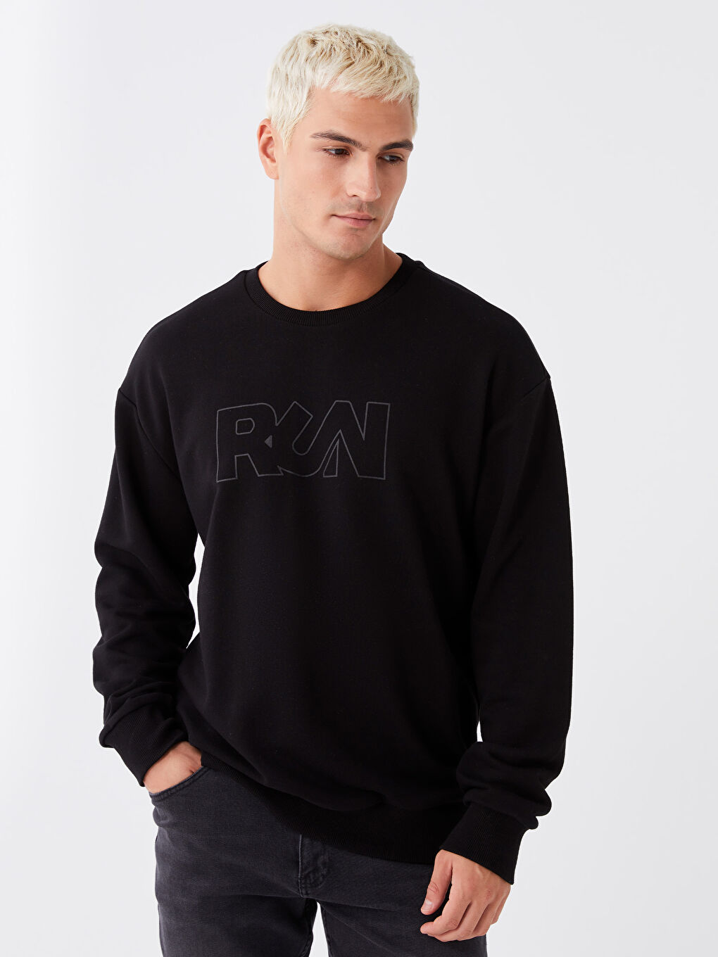 XSIDE Yeni Siyah Bisiklet Yaka Uzun Kollu Baskılı Erkek Sweatshirt