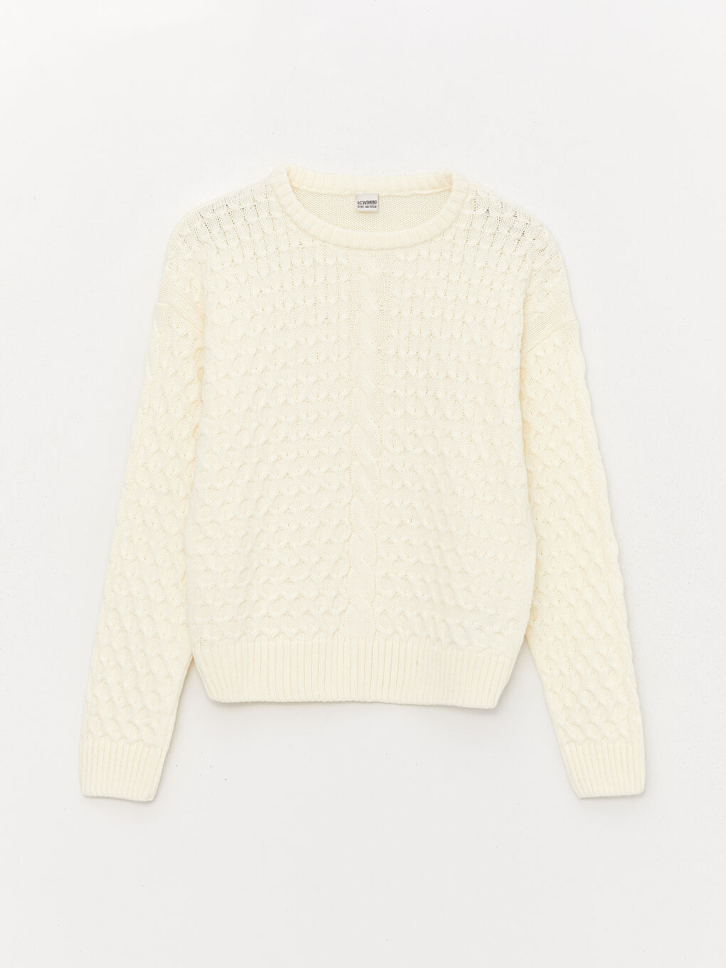 كنزة صوفية تريكو بناتي برقبة دائرية ونقشة مضفرة وكم طويل