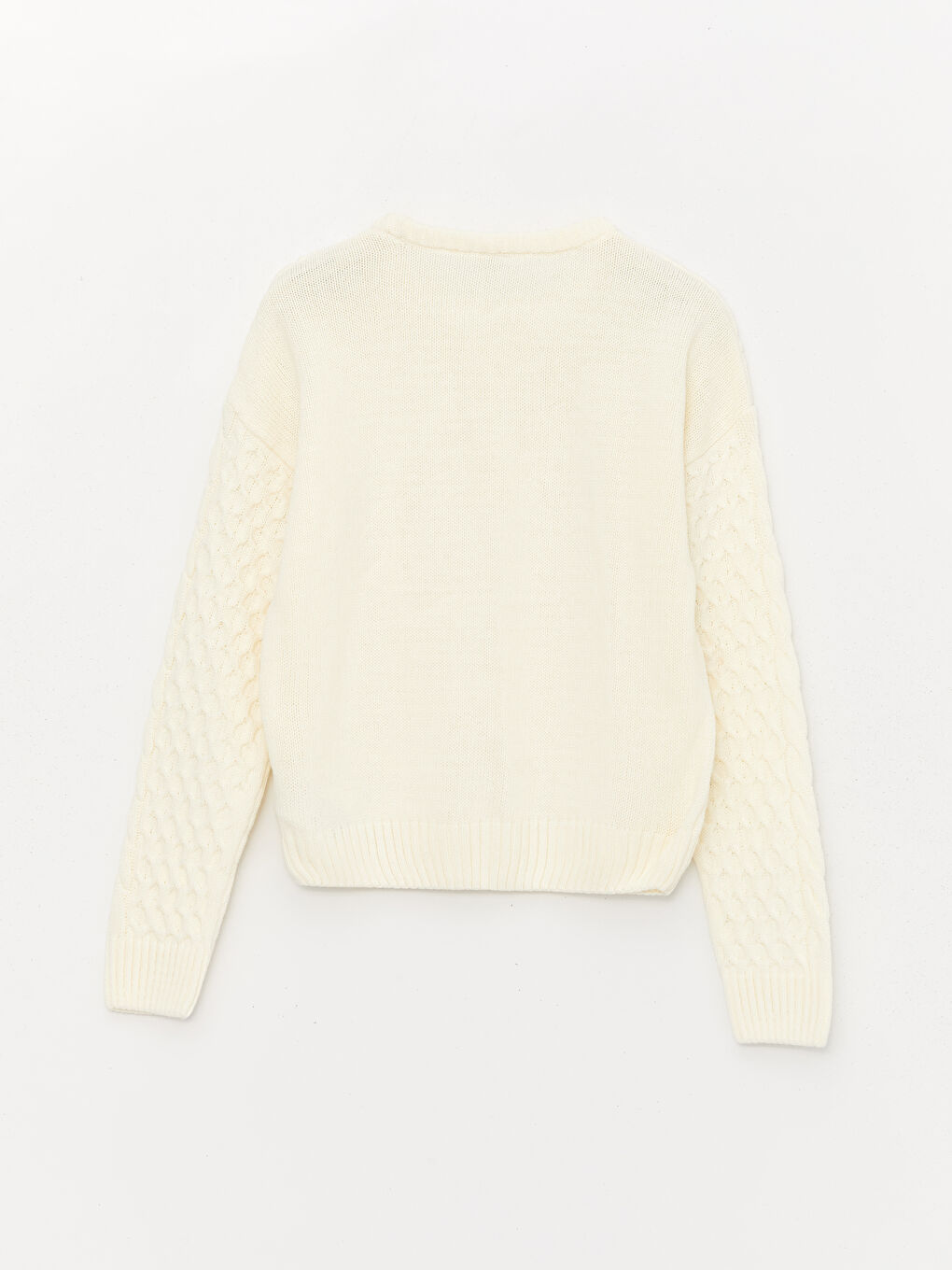 كنزة صوفية تريكو بناتي برقبة دائرية ونقشة مضفرة وكم طويل-1