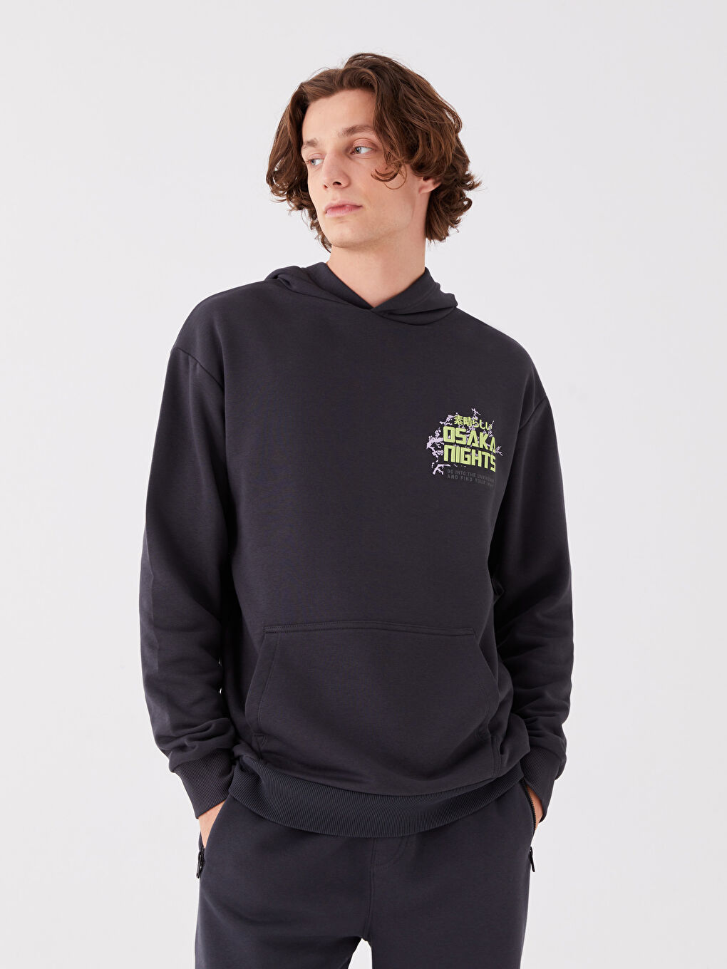 XSIDE Antrasit Uzun Kollu Baskılı Erkek Kalın Hoodie