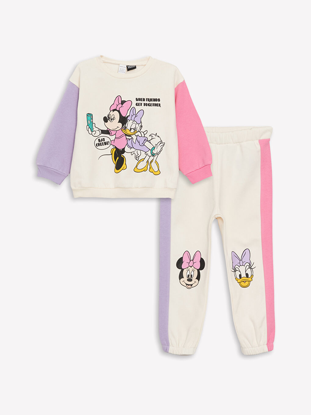 LCW baby Ekru Bisiklet Yaka Uzun Kollu Minnie Mouse Baskılı Kız Bebek Sweatshirt ve Eşofman Alt 2'li Takım