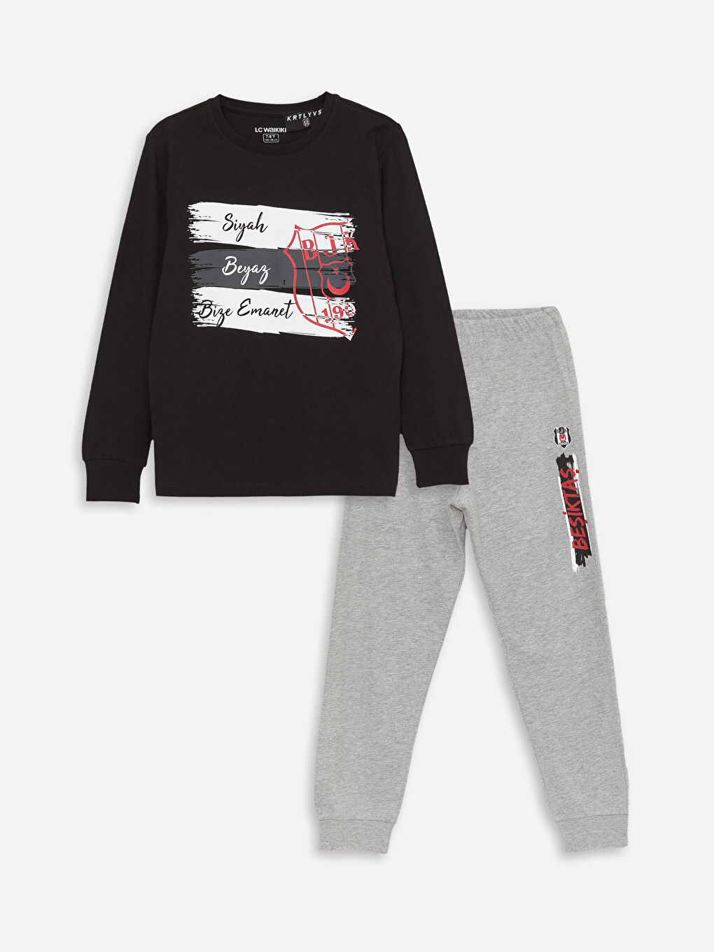 Siyah Bisiklet Yaka Beşiktaş Baskılı Uzun Kollu Erkek Çocuk Pijama Takımı