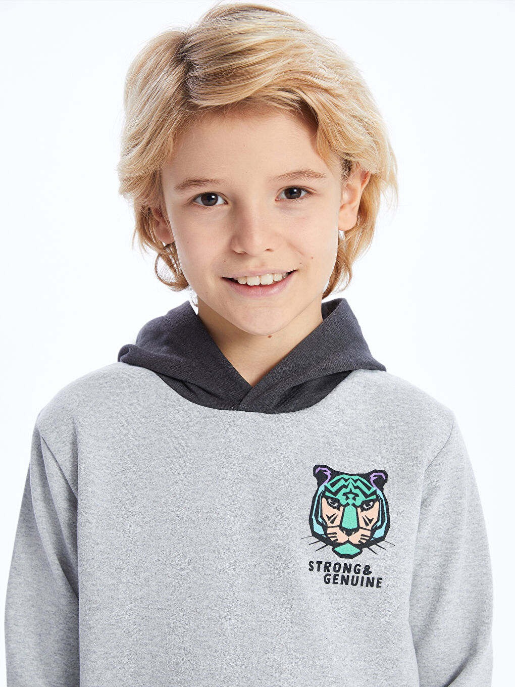 Gri Baskılı Uzun Kollu Erkek Çocuk Hoodie-1