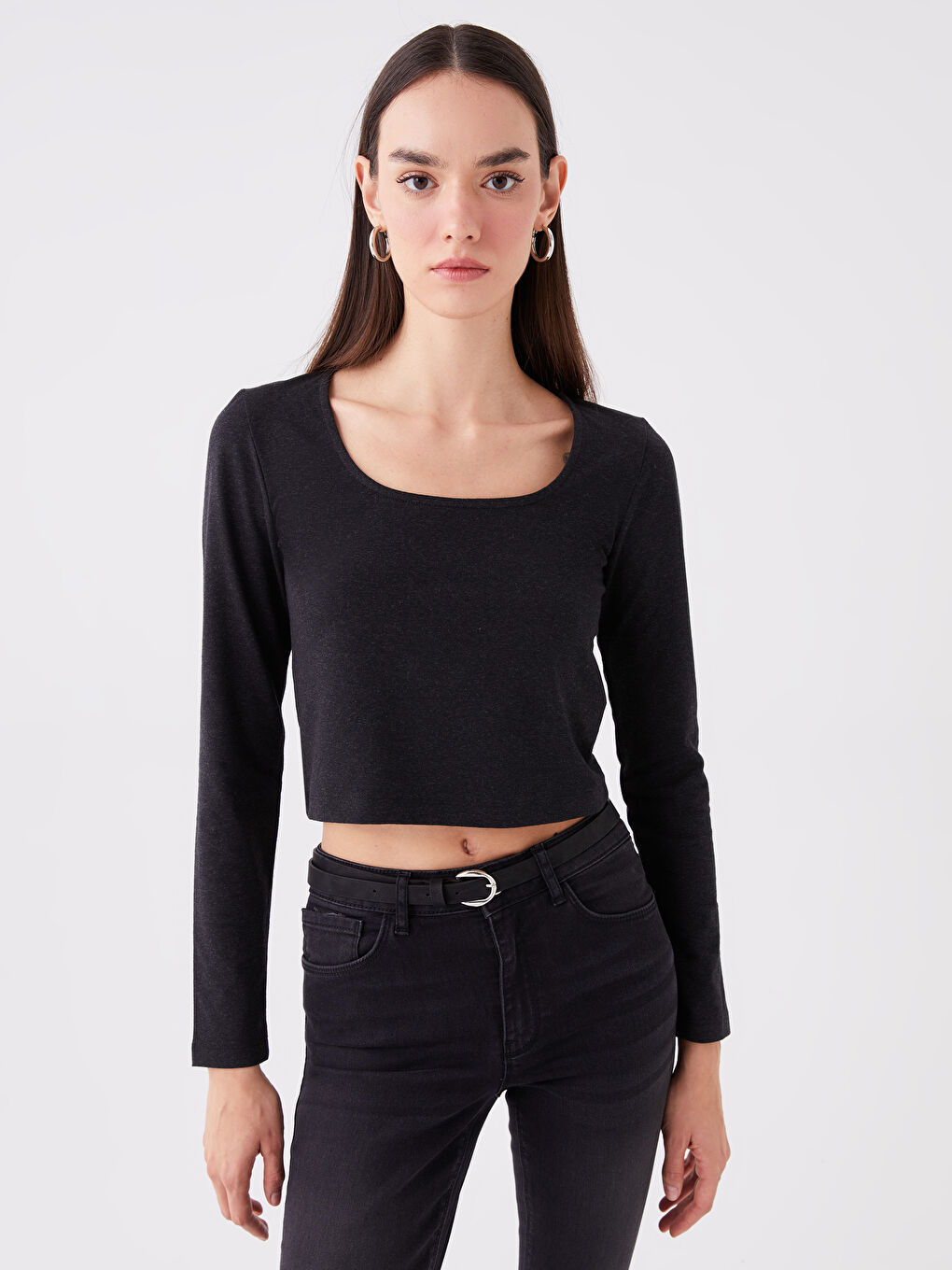 Antrasit Kare Yaka Düz Uzun Kollu Kadın Crop-1