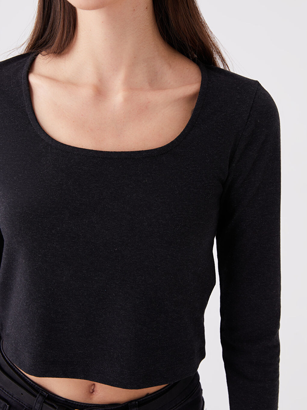 Antrasit Kare Yaka Düz Uzun Kollu Kadın Crop-3