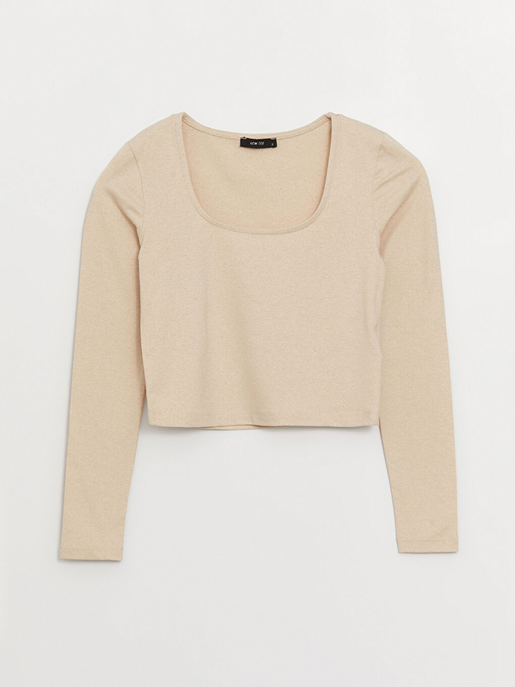 Bej U Yaka Düz Uzun Kollu Kadın Crop-5