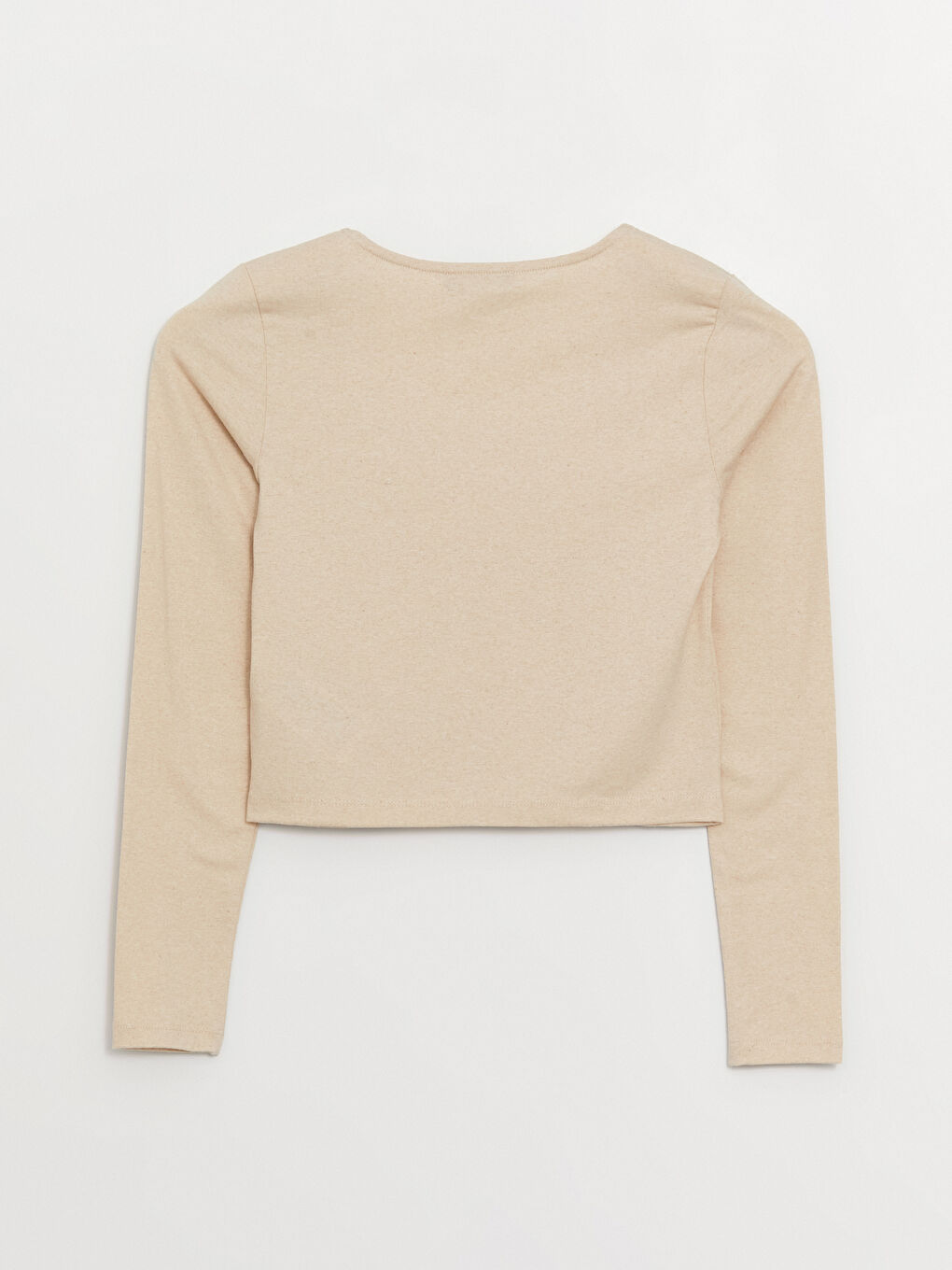 Bej U Yaka Düz Uzun Kollu Kadın Crop-6
