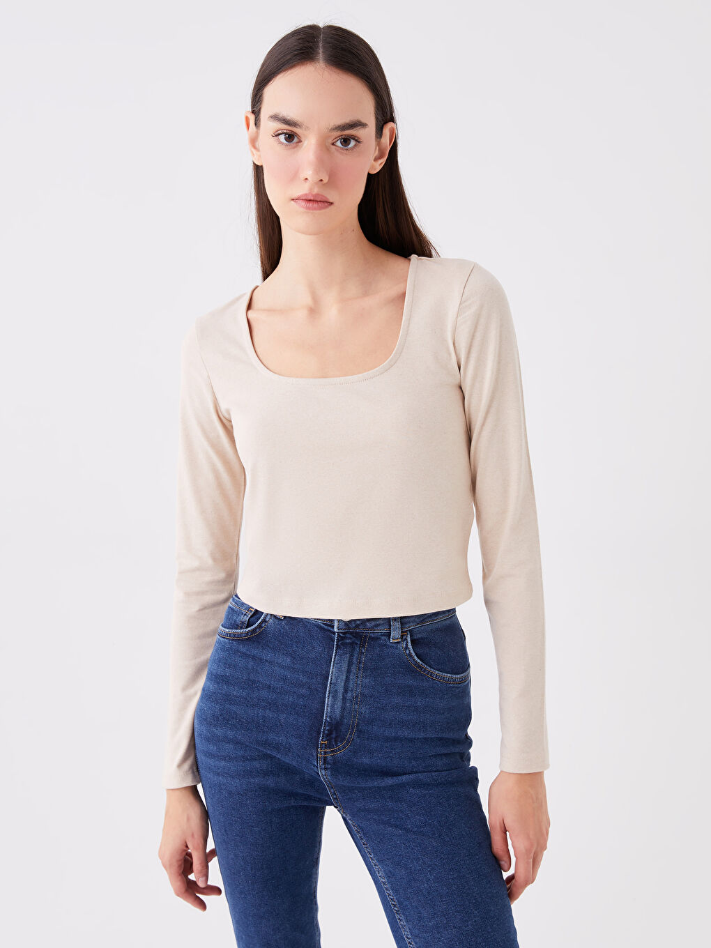 Bej U Yaka Düz Uzun Kollu Kadın Crop-1