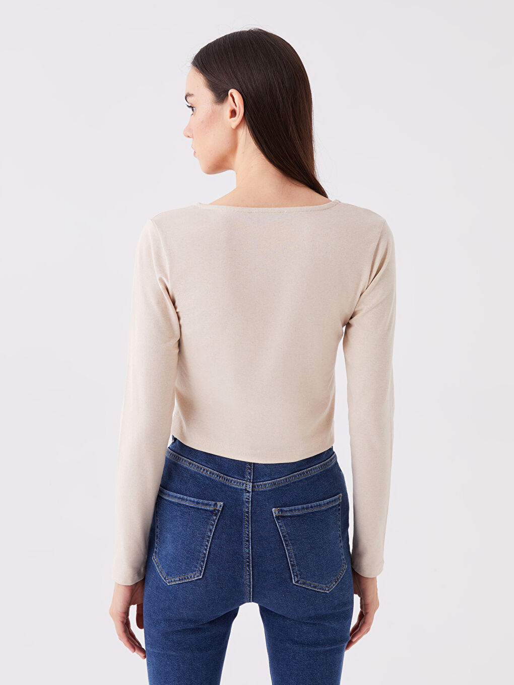 Bej U Yaka Düz Uzun Kollu Kadın Crop-4