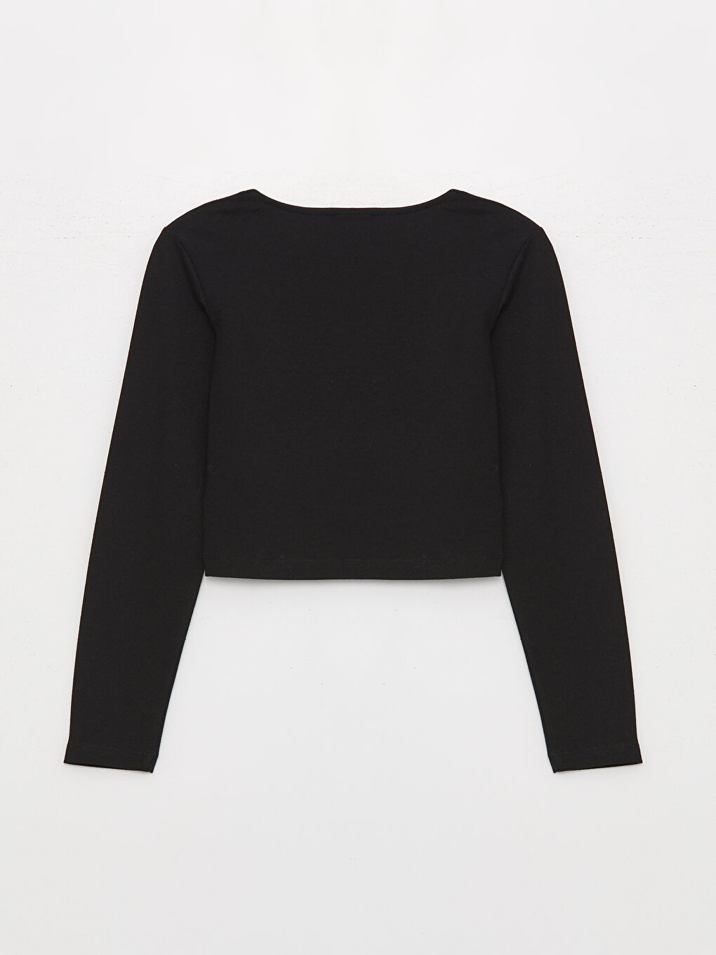 Siyah Bisiklet Yaka Düz Uzun Kollu Kadın Crop-6
