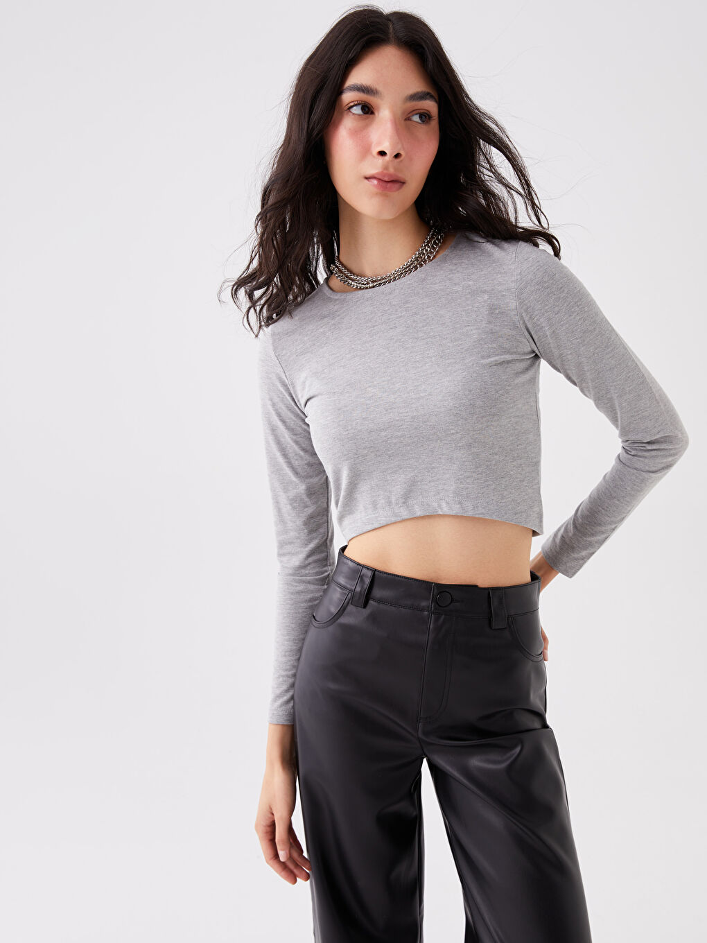 LCW ECO Grey Mel - Lacivert Bisiklet Yaka Düz Uzun Kollu Kadın Crop