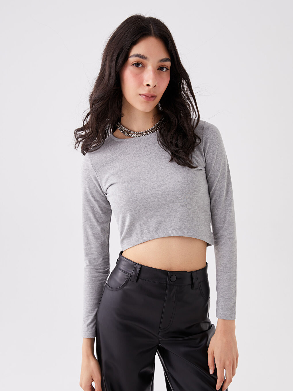 LCW ECO Grey Mel - Lacivert Bisiklet Yaka Düz Uzun Kollu Kadın Crop - 1