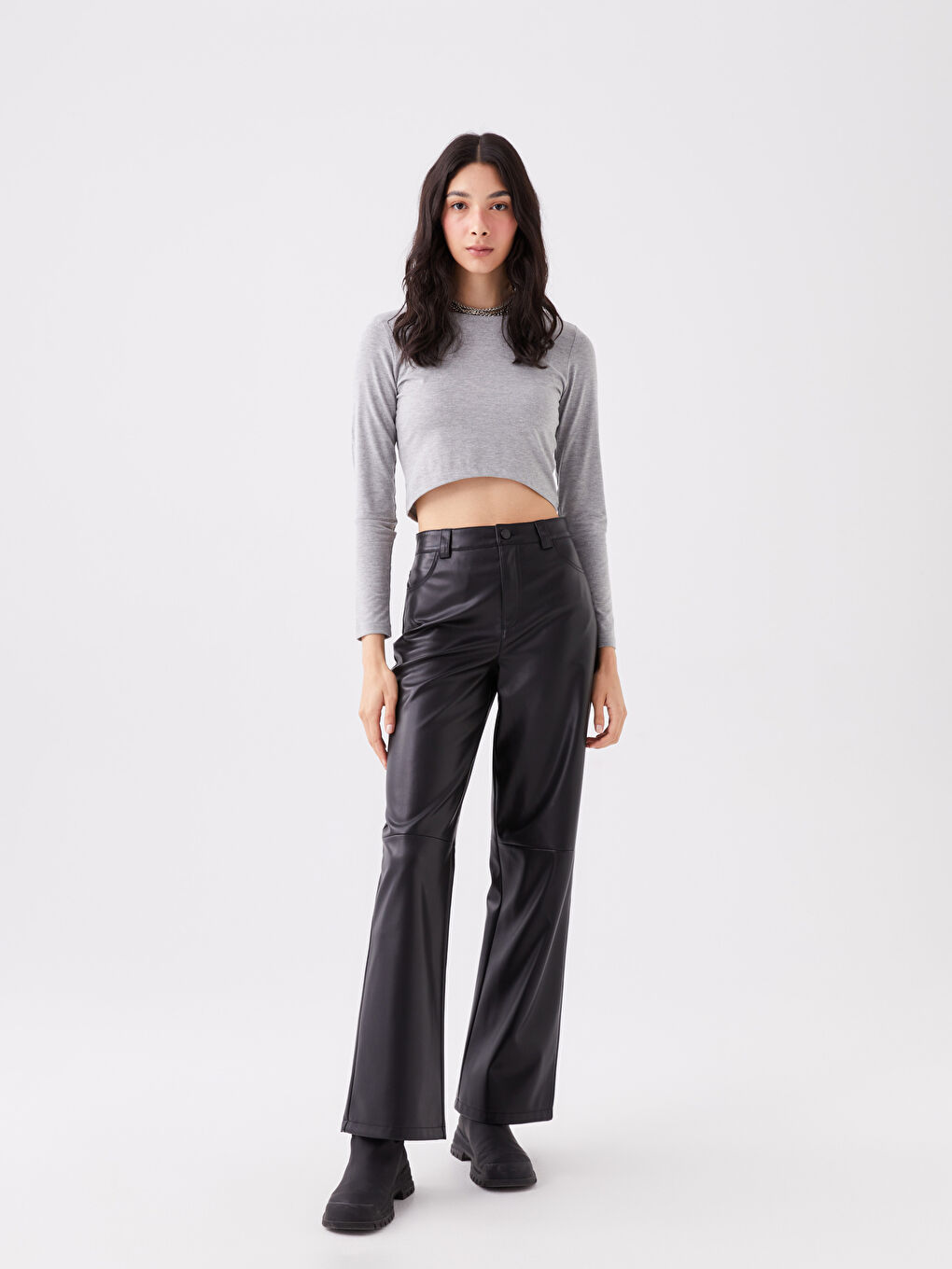 LCW ECO Grey Mel - Lacivert Bisiklet Yaka Düz Uzun Kollu Kadın Crop - 2