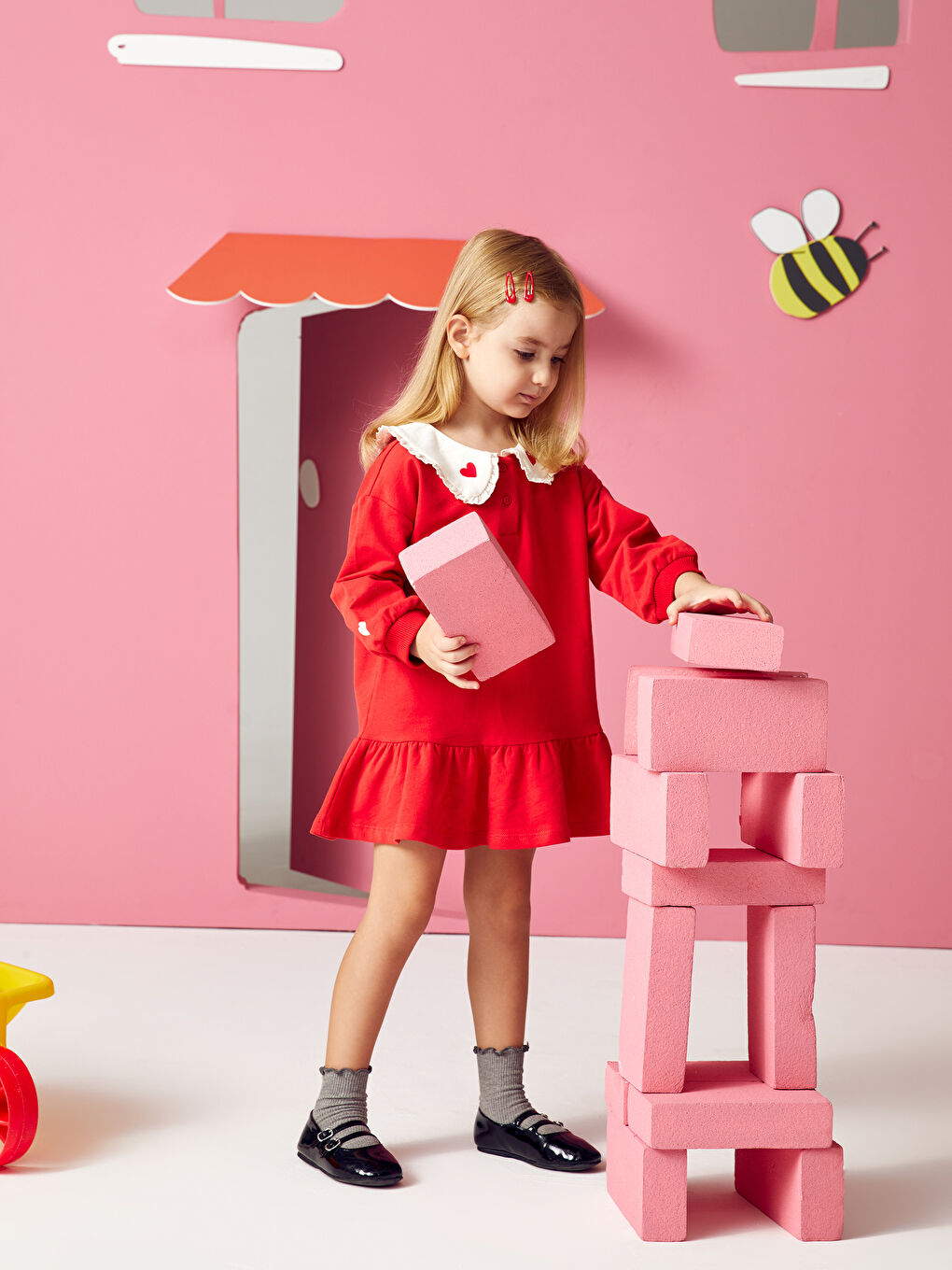 Kırmızı Bebe Yaka Kız Bebek Elbise