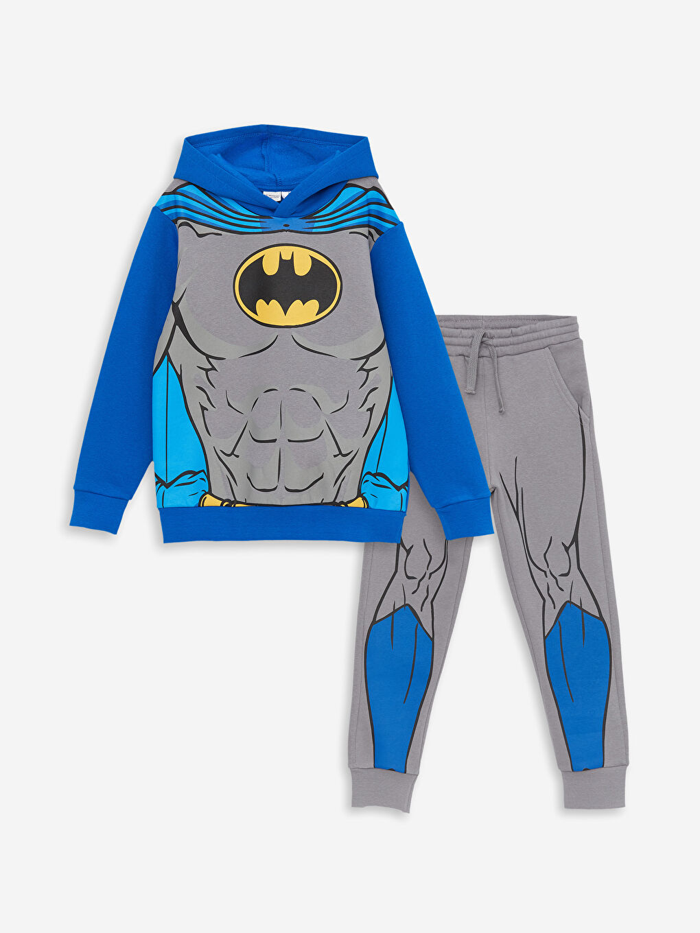Mavi Kapüşonlu Batman Baskılı Uzun Kollu Erkek Çocuk Tişört ve Eşofman Altı