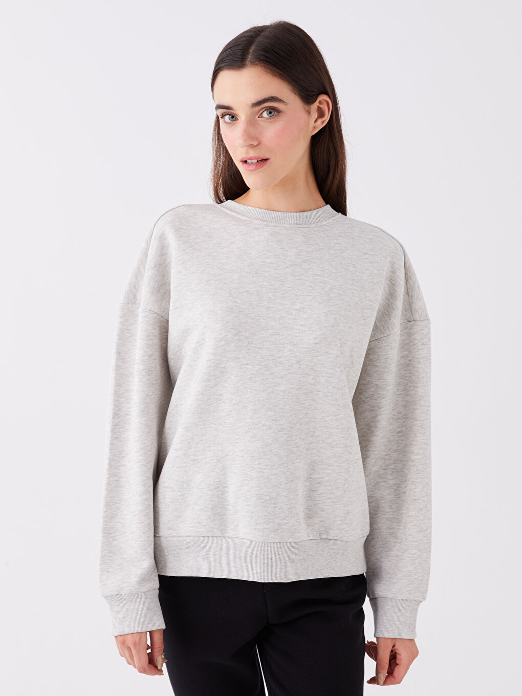 LCW Vision Gri Melanj Bisiklet Yaka Oversize Kadın Sweatshirt - 1