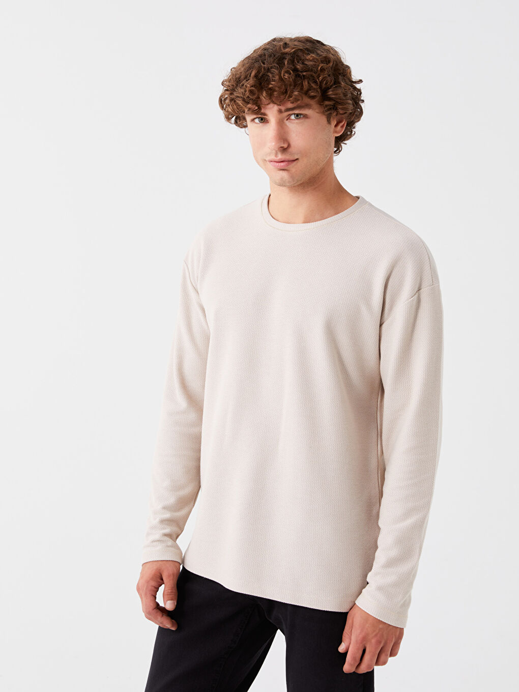 LCW Casual Açık Bej Bisiklet Yaka Uzun Kollu Basic Erkek Sweatshirt