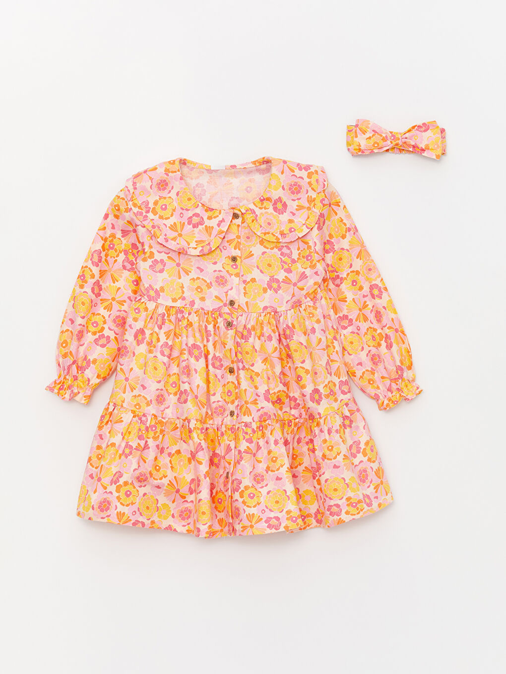 فستان طفلة بناتي بنمط مطبوع بياقة بيبي وكم طويل مع عصابة شعر - طقم من قطعتين