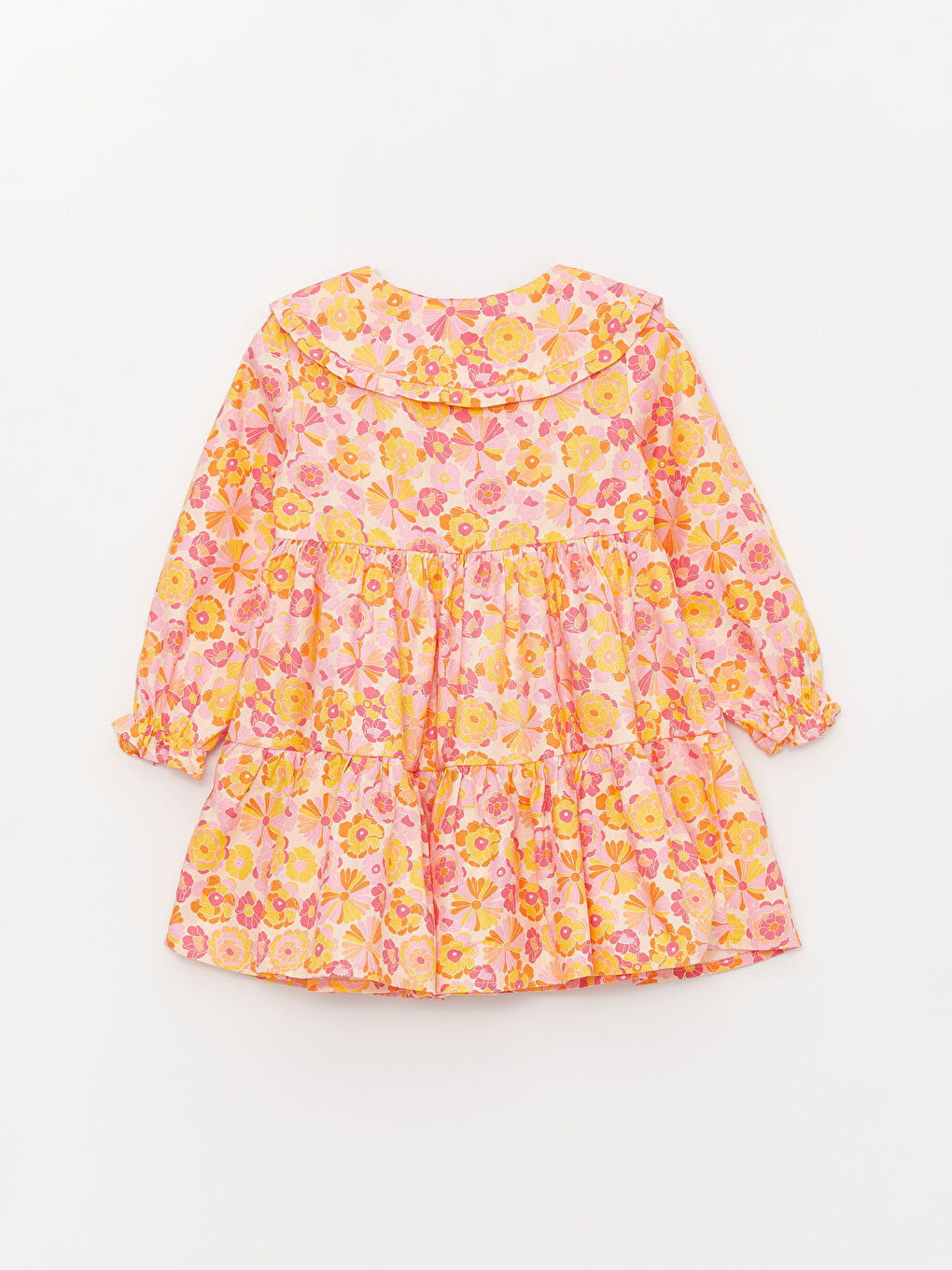 فستان طفلة بناتي بنمط مطبوع بياقة بيبي وكم طويل مع عصابة شعر - طقم من قطعتين-1