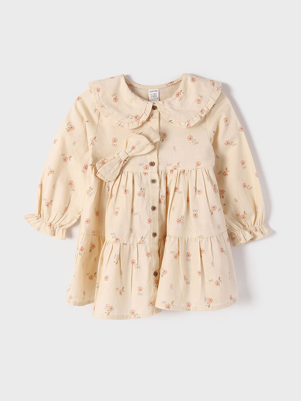 ბებე საყელო გრძელმკლავიანი ნაბეჭდი ახალშობილი გოგონას კაბა და თმის საკრავი 2 ცალიანი ნაკრები